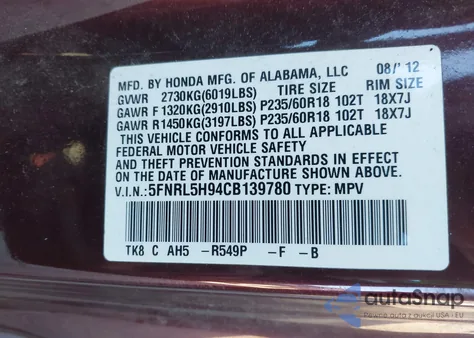 2012 Honda Odyssey Touring/Touring Elite z USA, uszkodzony, nr VIN 5FNRL5H94CB139780